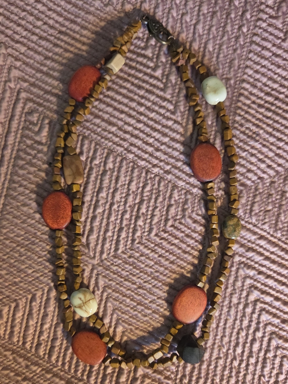 Double-Strand Necklace - Red and Brown Accents - Wood And Gemstone Combination